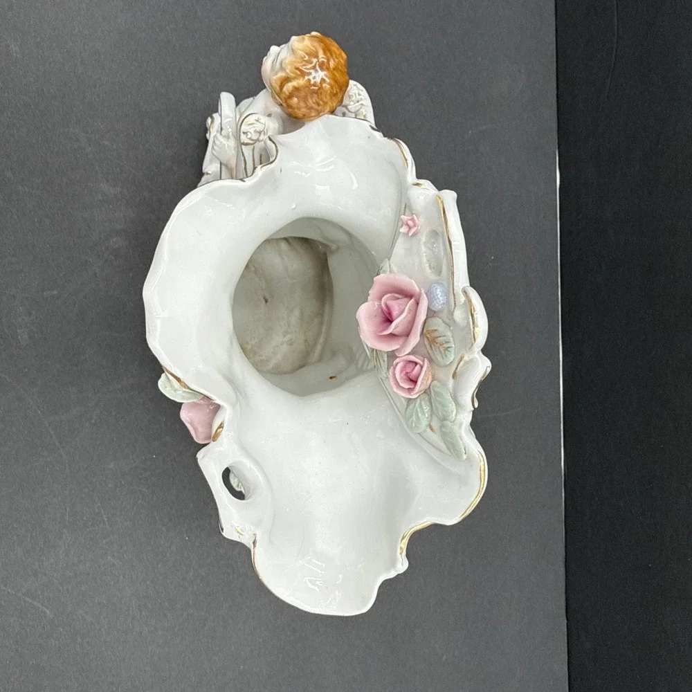 Vintage UCAGCO Ceramics Japan Winged Cherubs Roses‎ Vase Damaged